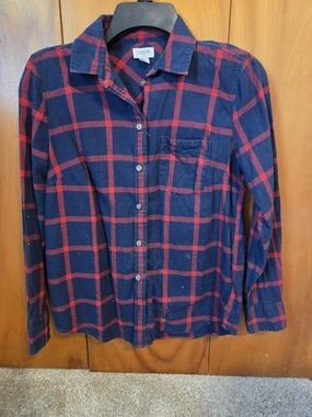 J. Crew Navy and Red Plaid  Perfect Flannel Button-Down Shirt